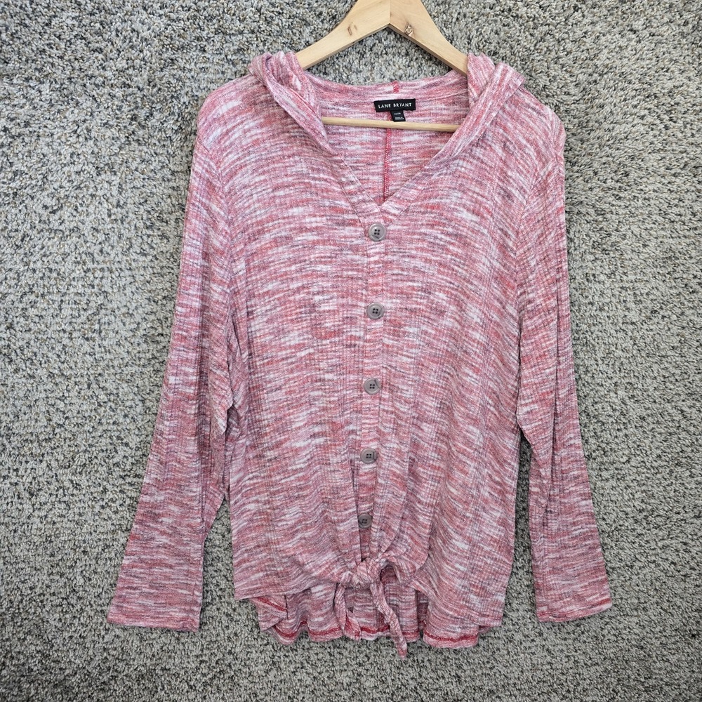 Lane Bryant Top Womens Plus 22/24 Pink Heathered Hooded Knit Pullover Button